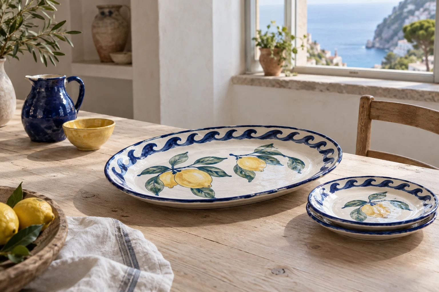Hand-painted Vietri ceramic serving platter and plates with lemons and a blue rim on a wooden table by a window overlooking the sea