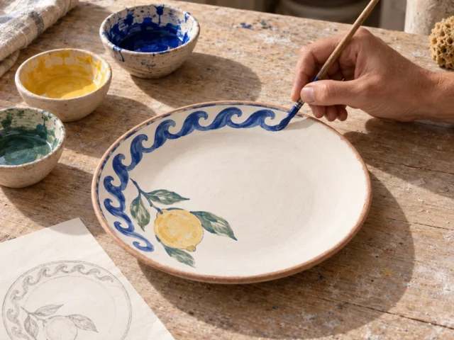 Hand painting a blue wave and lemon design on a ceramic plate with a fine brush, with small bowls of colour and a pencil sketch on paper