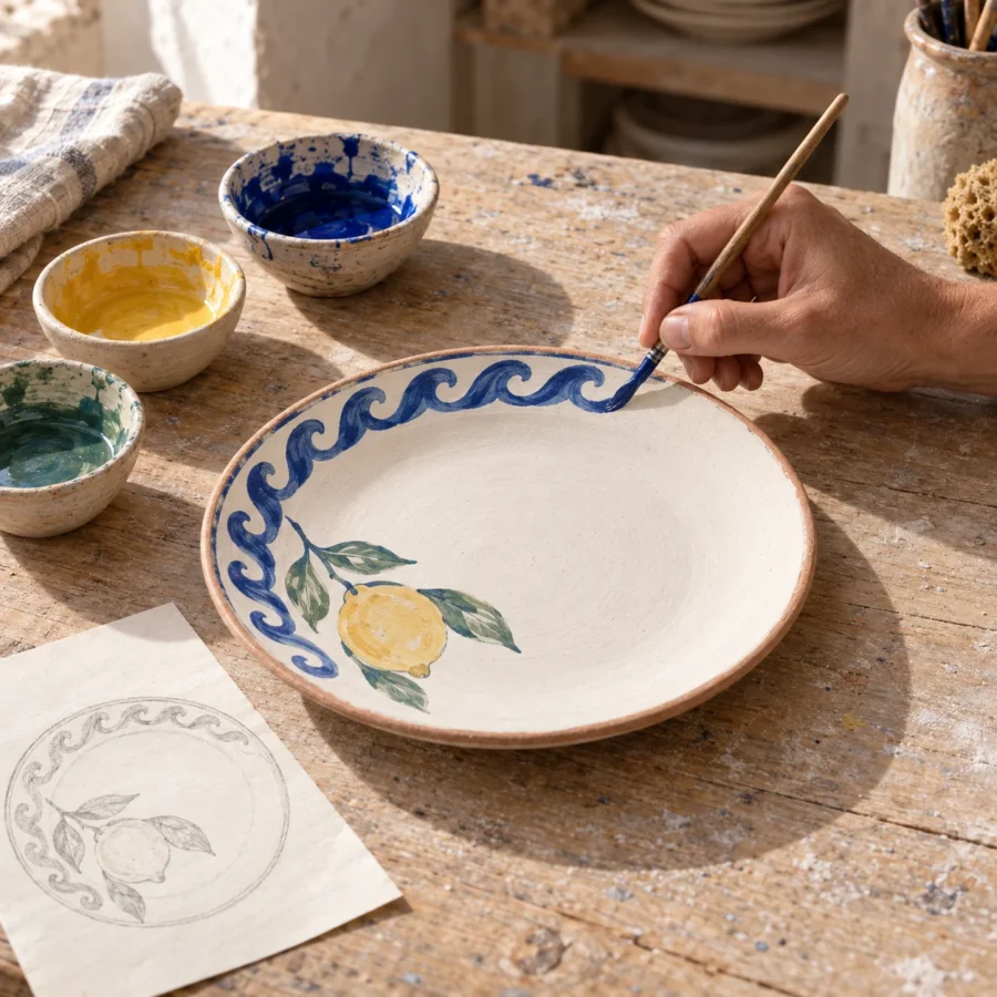 Hand painting a blue wave and lemon design on a ceramic plate with a fine brush, with small bowls of colour and a pencil sketch on paper
