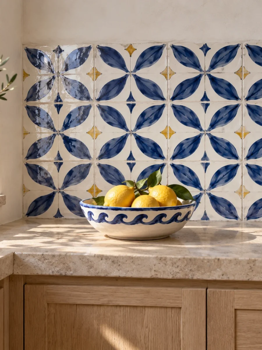 Kitchen wall clad with hand-painted ceramic tiles in a blue and yellow geometric pattern, stone worktop with a bowl of lemons