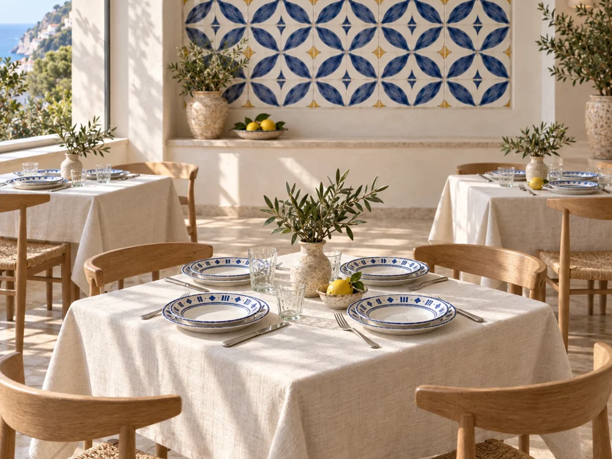 Bright restaurant dining room with tables set with blue and white ceramic plates and a decorated tile panel on the wall