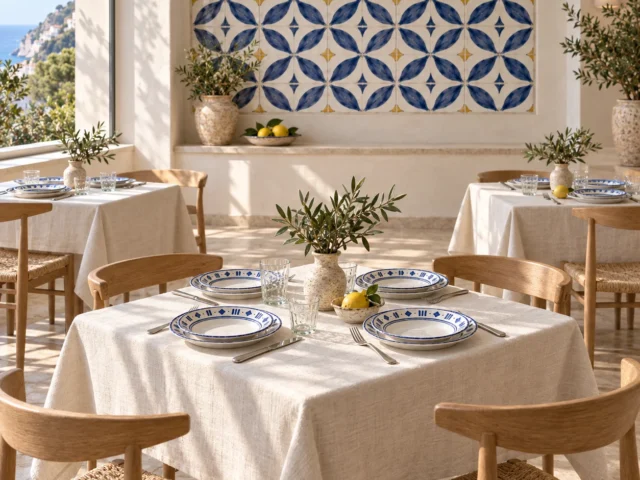 Bright restaurant dining room with tables set with blue and white ceramic plates and a decorated tile panel on the wall