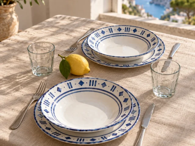 Table for two set on a terrace with white ceramic plates with a blue geometric pattern, glasses and a lemon