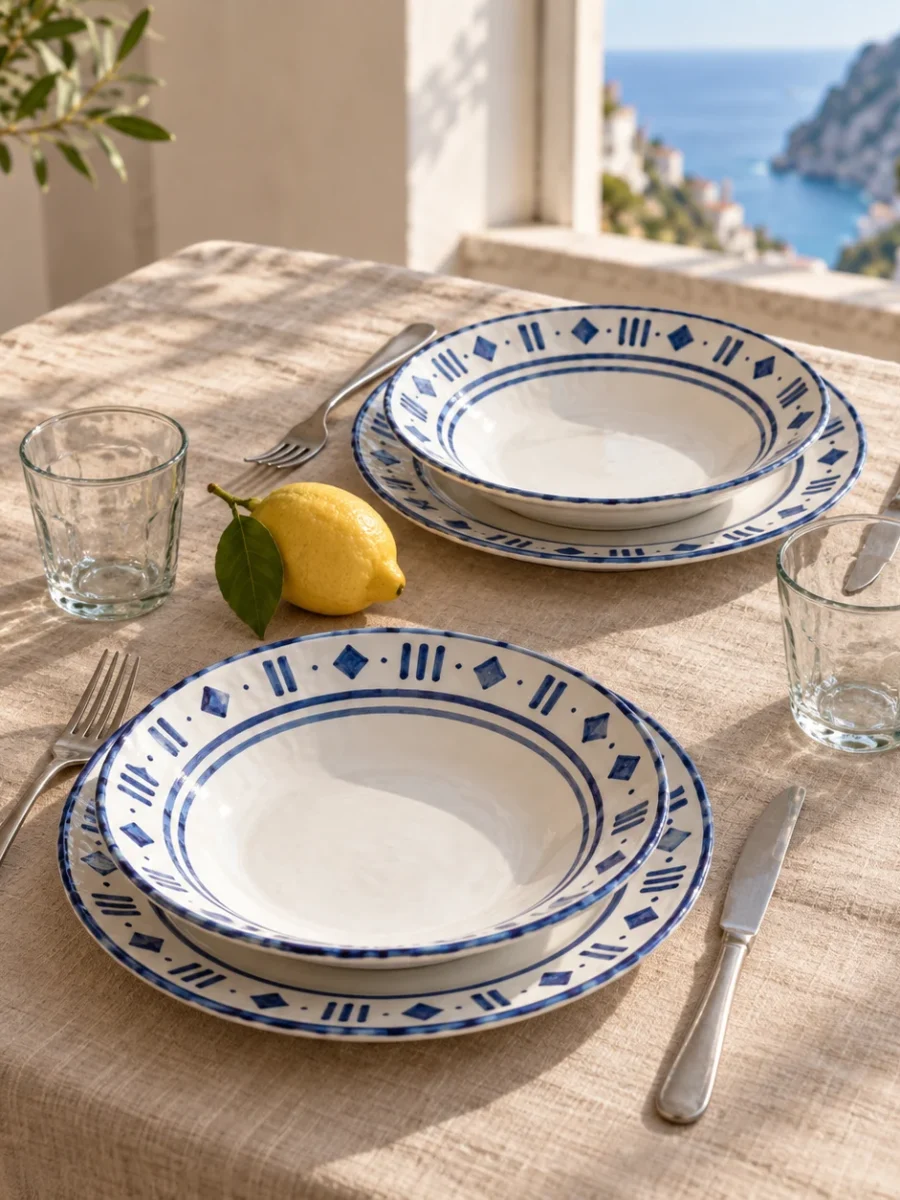 Table for two set on a terrace with white ceramic plates with a blue geometric pattern, glasses and a lemon